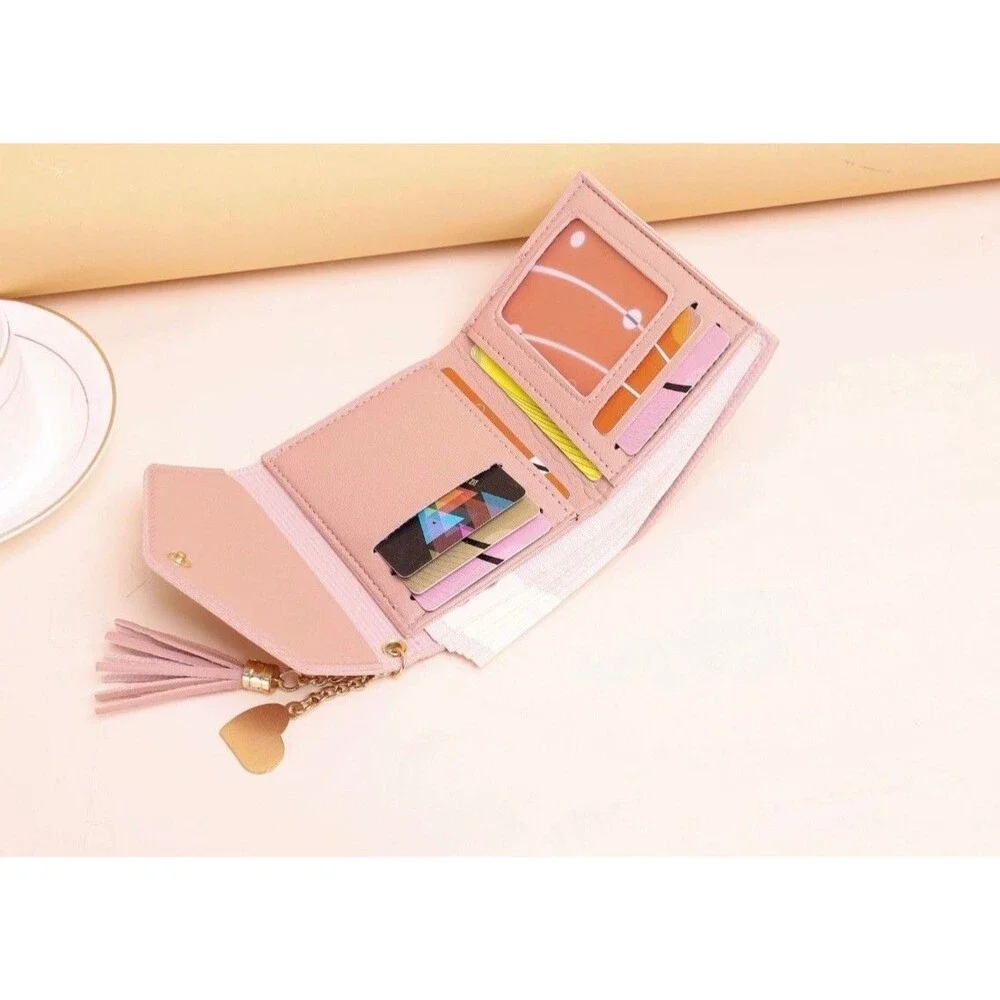 Womens Pink Trifold Wallet Faux Leather Card Holder Cash ID Heart Tassel